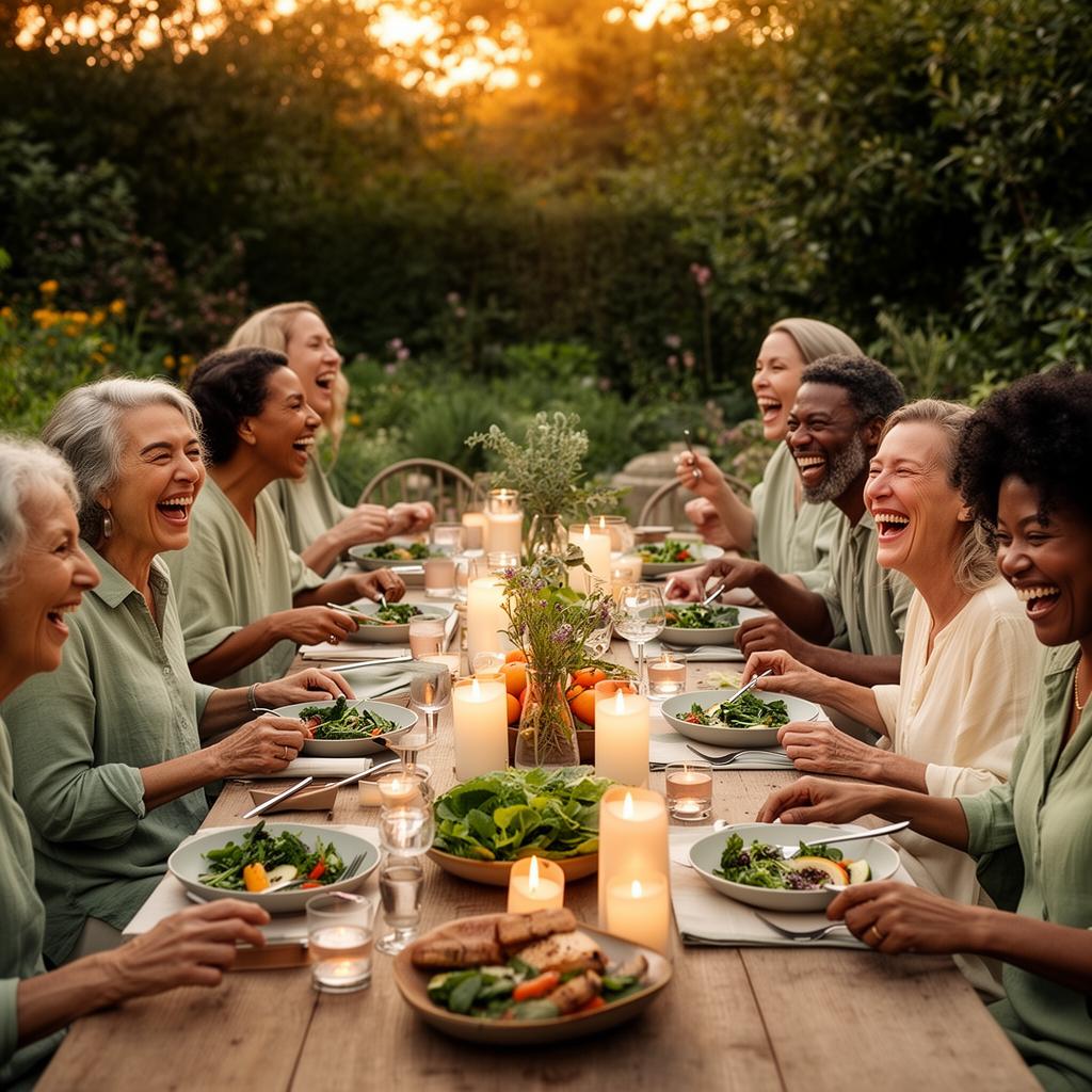 A diverse community sharing a healthy meal at a long table outdoors at golden hour