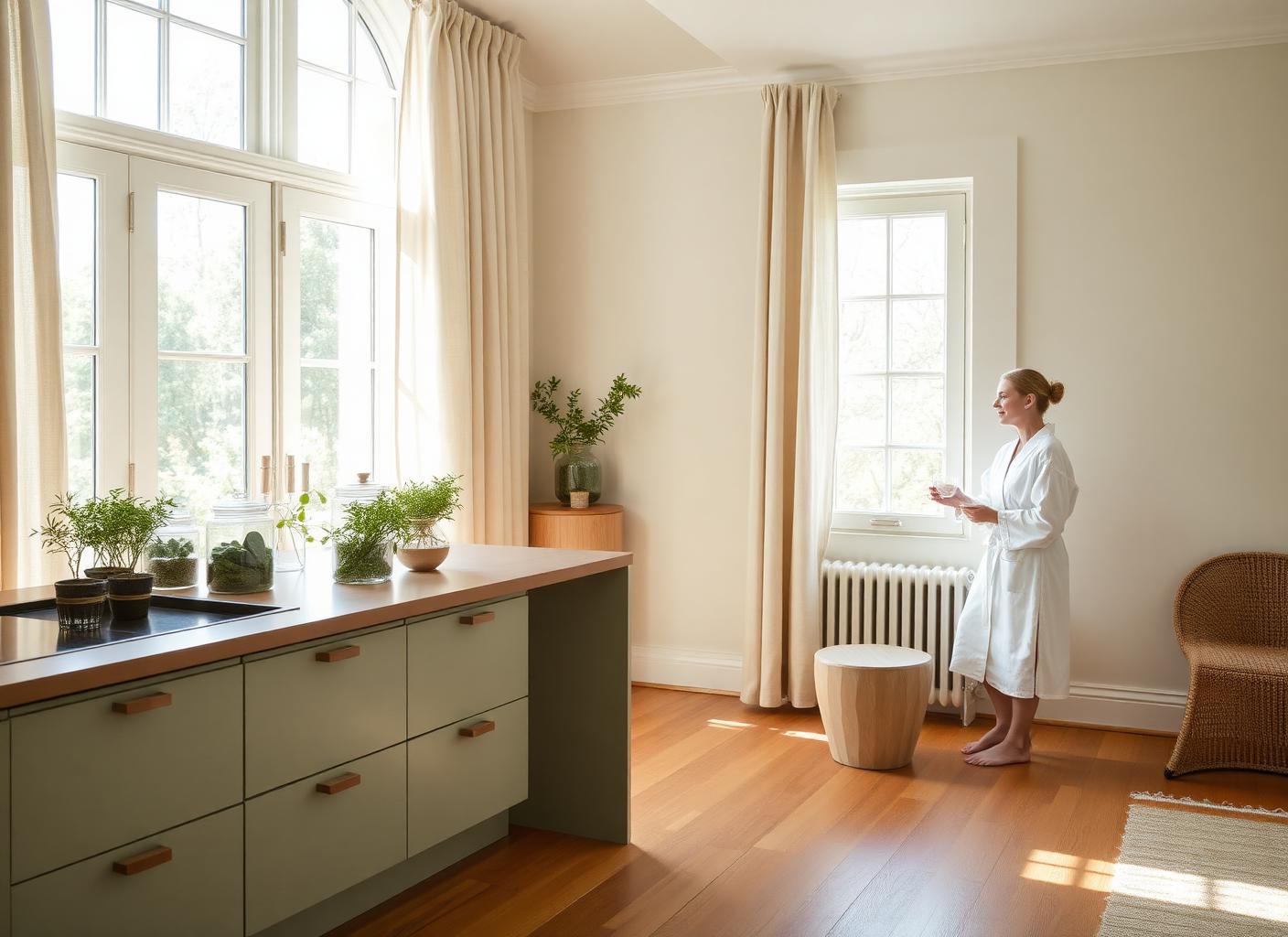 A bright, serene wellness home interior with linen curtains, a guest in a robe, and a chef's kitchen island